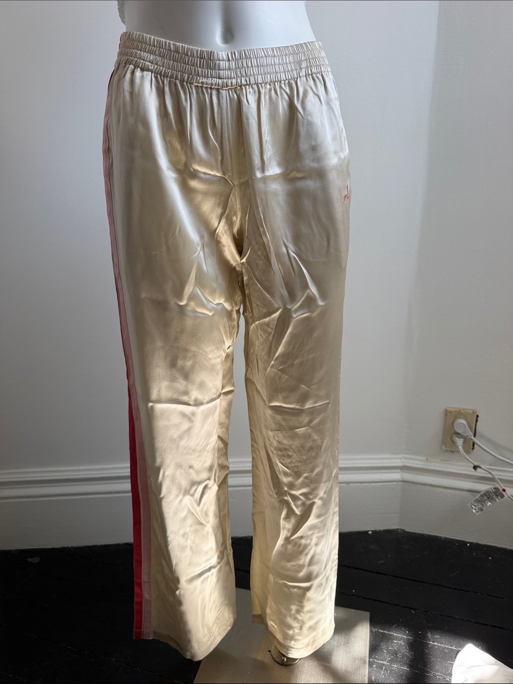 Morgan Lane Cream Satin Joggers with Pink Side Stripe